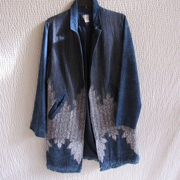 Long Denim Embordered Jacket Duster M Khaki White Stitching Lightweight Pockets - Picture 2 of 14